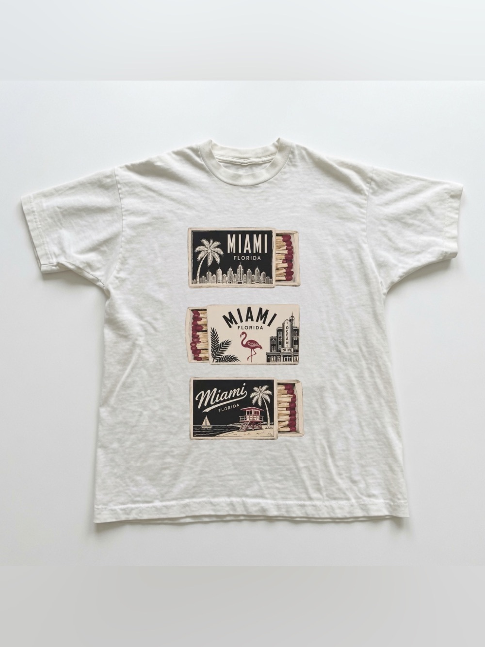 Miami Florida Matchbox Flamingo Vintage White Graphic Tee, Sports Football Tee